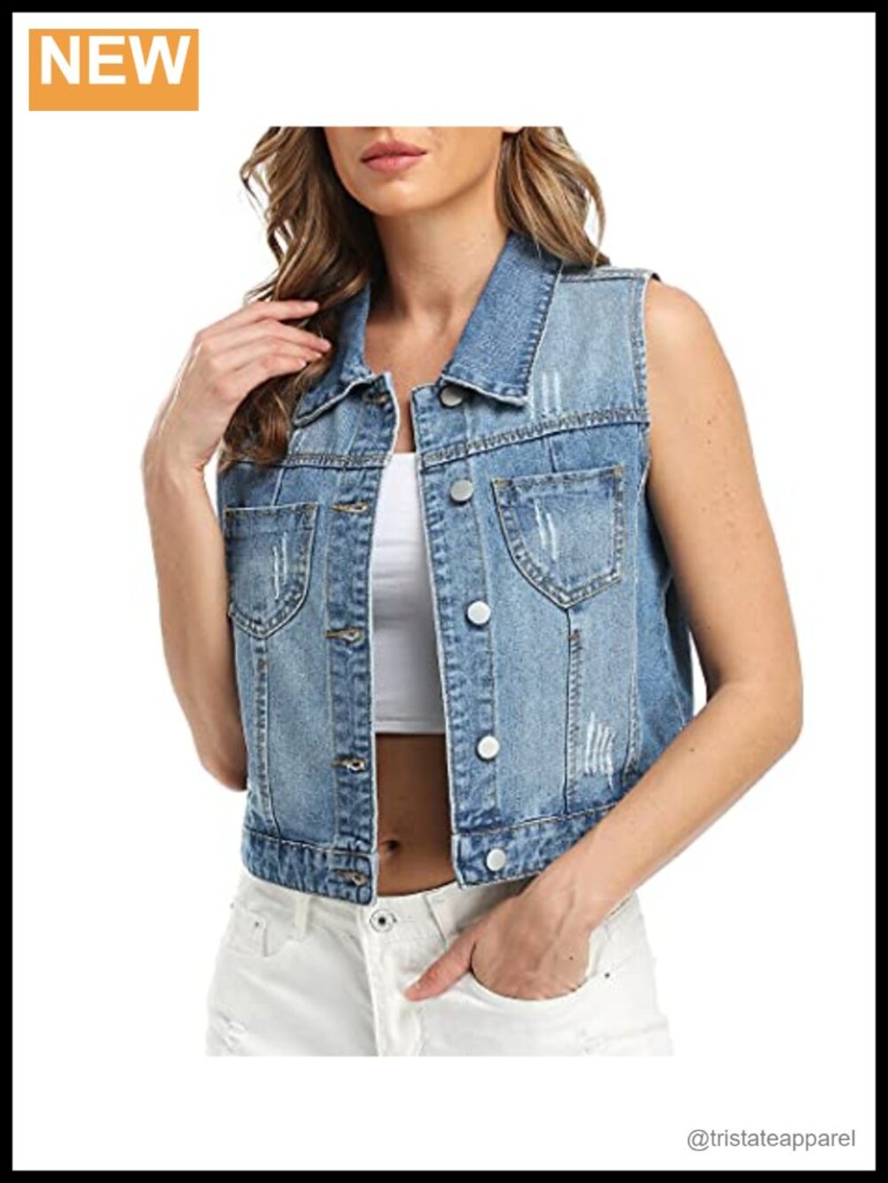 Womens Cropped Distressed Denim Vest Button Front Sleeveless Jean Jacket